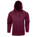 Burgundy pullover hoodie with kangaroo pocket, white drawstrings, and ribbed cuffs on light background