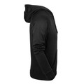 Black polyester fleece hoodie shown in side profile with ribbed cuffs and rolled hood detail