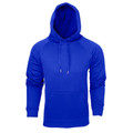 Royal blue pullover hoodie with kangaroo pocket and matching drawstrings on white background