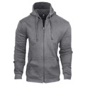 Grey marle zip-up hoodie with drawstring hood, kangaroo pocket, and ribbed cuffs displayed flat