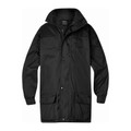 Black mid-length all-weather jacket with hood, snap-button front, chest pockets and cargo lower pockets