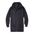 Navy longline all-weather jacket with hood, snap-button front, chest pockets and large cargo hip pockets
