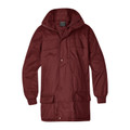 Burgundy long-line all-weather jacket with attached hood, zip and snap placket, lower cargo pockets, ribbed cuffs