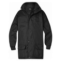 Black mid-length all-weather jacket with attached hood, snap buttons, chest pockets and large cargo pockets