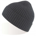Charcoal grey ribbed knit beanie with deep fold-up cuff
