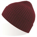 Burgundy ribbed knit beanie with turned-up cuff showing textured vertical ribbing pattern