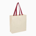 Natural cotton canvas tote bag with burgundy handles and wide gusset base