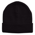 Black acrylic knitted beanie with wide fold-up cuff and ribbed texture