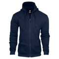 Navy zip-up fleecy hoodie with kangaroo pocket and drawstring hood shown on plain background