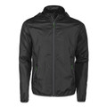 Charcoal grey lightweight windbreaker jacket with lime green contrast zipper and pocket details, hooded collar