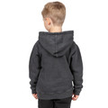 Back view of child wearing charcoal stonewashed fleece hoodie with hood up and ribbed cuffs