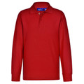 Kids red long sleeve pique polo shirt with three-button placket and ribbed cuffs, flat lay packshot