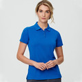 Royal blue women's short sleeve polo shirt with collar and button placket