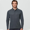 Charcoal grey long sleeve polo shirt with collar and button placket, featuring shoulder panel detail