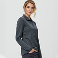 Charcoal grey long sleeve polo shirt with collar and button placket, shown on female model