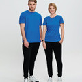Black French terry joggers with elasticated cuffs and drawstring waist, shown with royal blue tees