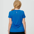 Royal blue performance tee with keyhole neck detail shown from back, short sleeves and contoured fit