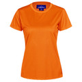 Women's orange RapidCool crew neck tee, short sleeves, lightweight polyester, flat front panel, packshot view