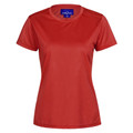 Women's red crew neck performance tee with smooth lightweight fabric and fitted silhouette