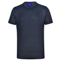 Navy crew neck t-shirt with smooth finish and short sleeves on white background