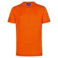 Bright orange crew neck t-shirt with smooth flat front panel and short sleeves