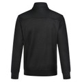 Black bomber jacket with textured jacquard fleece fabric, ribbed collar and cuffs, shown from back view