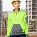 Hi-vis lime fleece hoodie with charcoal grey contrast hood lining, kangaroo pocket, and sleeve panels
