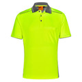 Hi-vis yellow bamboo polo shirt with contrast charcoal grey collar and piping detail