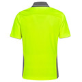 Hi-vis safety yellow polo shirt with charcoal grey collar and side panels, rear view showing smooth back panel