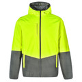 Yellow+Ash THOMAS unisex high-visibility quilted two-tone puffer safety jacket, featuring polyester insulation and a hooded design for cold-weather construction and site safety.