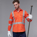 Hi-vis orange safety shirt with silver reflective tape and chest pockets, featuring biomotion sleeve stripes