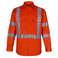 Orange hi-vis long sleeve safety shirt with silver reflective biomotion tape across chest, shoulders and sleeves