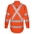 High visibility orange work shirt with silver reflective X-back tape and horizontal sleeve striping