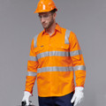 Orange hi-vis safety shirt with silver reflective tape, chest pockets, and long sleeves