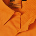 High-visibility orange safety shirt with perforated ventilation panels, collar with button placket and industrial wear label