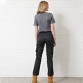 Rear view of charcoal grey cargo work pants with side pockets and grey t-shirt