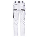 White cargo work pants with charcoal grey reinforced knee panels and contrast pocket detailing