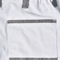 White cargo work pants with charcoal grey contrast trim and large utility pocket detail