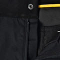 Black ripstop work pants with zipper fly, metal snap closure, and yellow drawstring detail