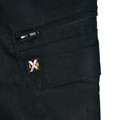 Black ripstop work pants showing zippered pocket with contrast stitching and logo label detail