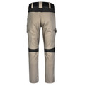 Stone grey work pants with black knee panels, cargo pockets, and black contrast waistband detailing