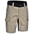 Khaki rip-stop cargo shorts with black contrast waistband and multiple utility pockets