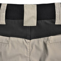 Khaki ripstop work shorts with black stretch waistband and reflective stone-coloured tape loops