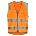 Orange hi-vis safety vest with silver reflective chest and waist tapes, zip front closure and left chest pocket