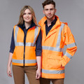 Male and female models wearing orange hi-vis safety vest and waterproof jacket with silver reflective tape bands