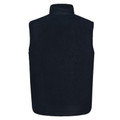 Navy sleeveless vest with high collar and water-resistant shell fabric, showing smooth back panel