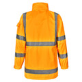 High visibility orange safety jacket with silver reflective tape on back, shoulders and sleeves with stowaway hood