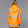 Fluorescent orange waterproof safety jacket with grey reflective tape and hood, rear view showing biomotion striping pattern