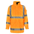 High visibility orange waterproof jacket with silver reflective tape in H-pattern across torso and sleeves, featuring storm flap and chest pockets