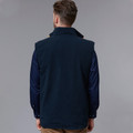 Navy polar fleece vest back view with contrast sleeves and reflective tape detail on collar